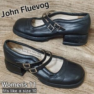 John Fluevog Black Amber Mary Jane Shoes Chunky Vintage 90s Womens 11 Fits 10